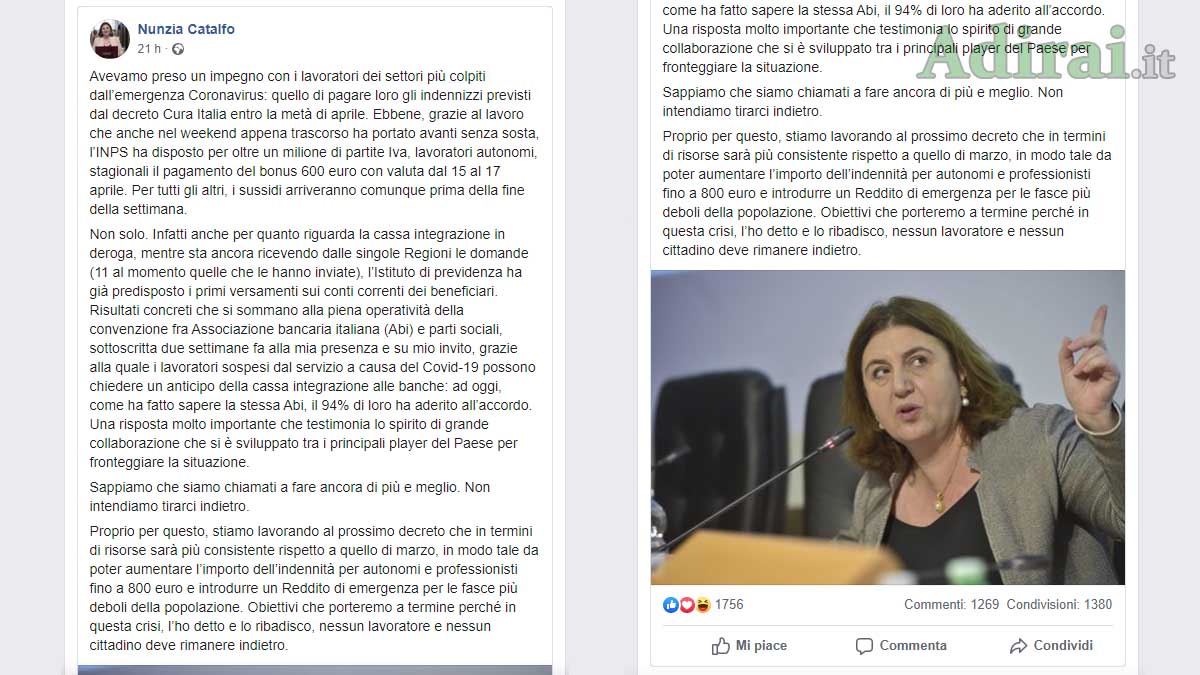 bonus 600 euro nunzia catalfo facebook